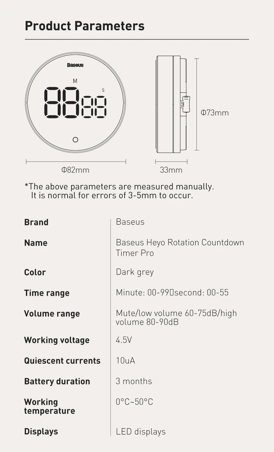 Baseus Magnetic Countdown Alarm Clock Kitchen Timer Manual Digital Timer Stand Desk Clock Cooking Timer Shower Study Stopwatch