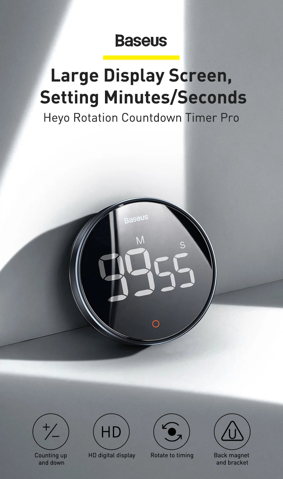 Baseus Magnetic Countdown Alarm Clock Kitchen Timer Manual Digital Timer Stand Desk Clock Cooking Timer Shower Study Stopwatch