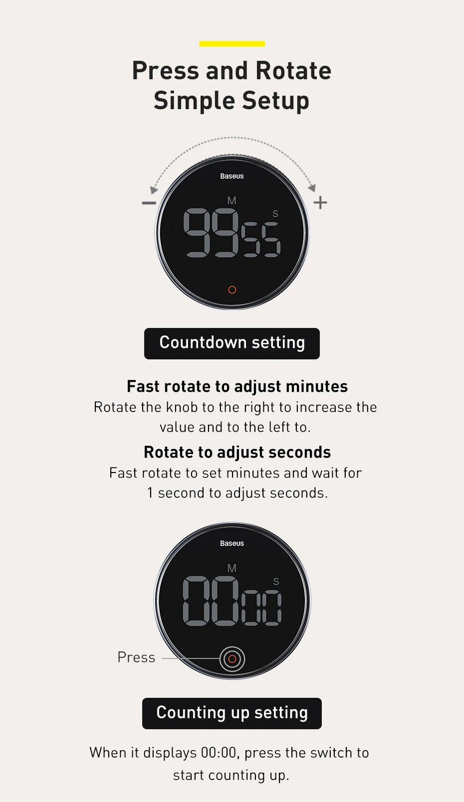 Baseus Magnetic Countdown Alarm Clock Kitchen Timer Manual Digital Timer Stand Desk Clock Cooking Timer Shower Study Stopwatch