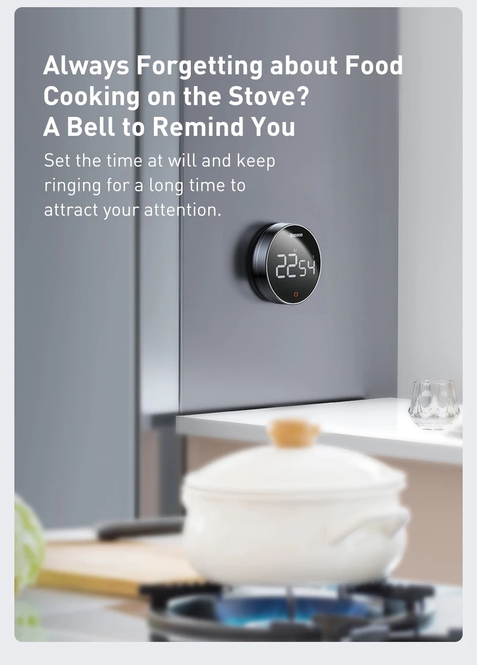 Baseus Magnetic Countdown Alarm Clock Kitchen Timer Manual Digital Timer Stand Desk Clock Cooking Timer Shower Study Stopwatch