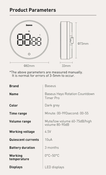 Baseus Magnetic Countdown Alarm Clock Kitchen Timer Manual Digital Timer Stand Desk Clock Cooking Timer Shower Study Stopwatch
