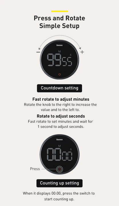 Baseus Magnetic Countdown Alarm Clock Kitchen Timer Manual Digital Timer Stand Desk Clock Cooking Timer Shower Study Stopwatch
